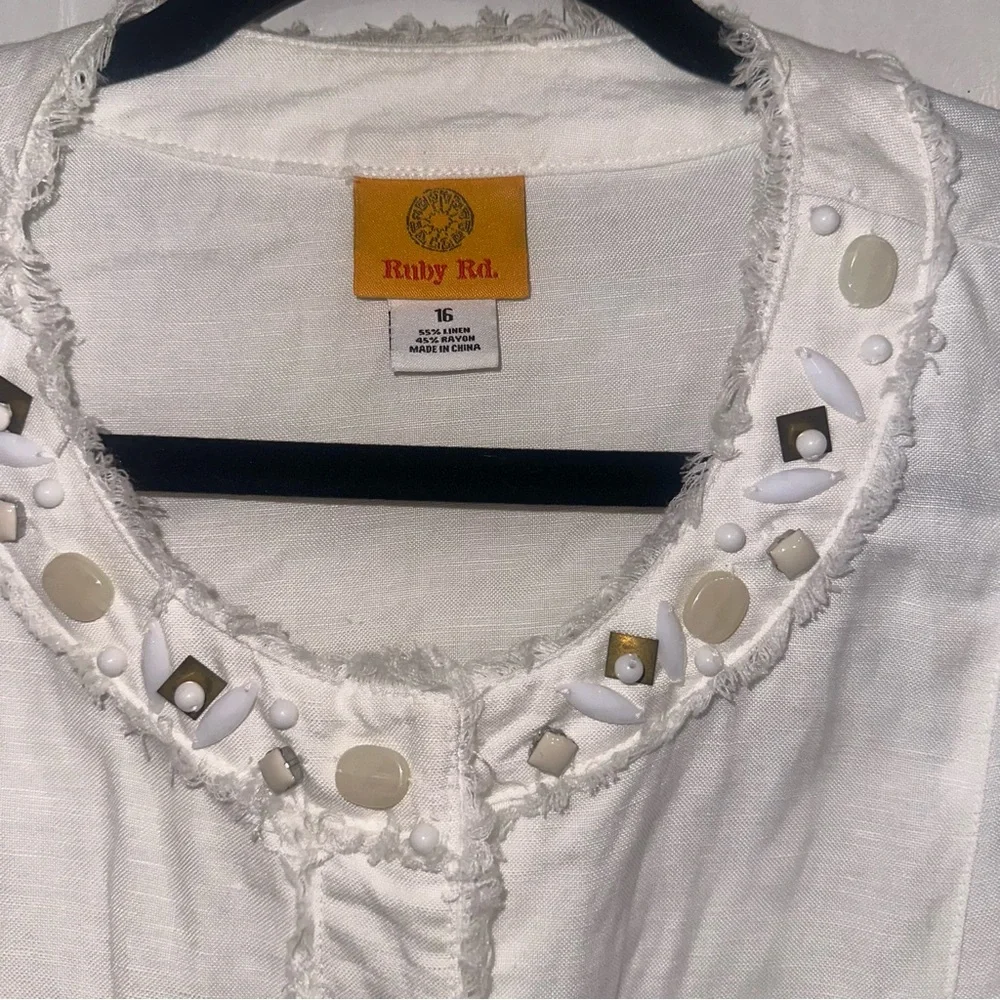 Ruby Rd. Embellished Linen Blend Jacket Women’s 16 White Beige Boho Chic Casual - Picture 4 of 7